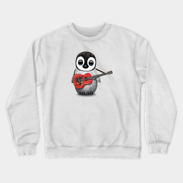 Baby Penguin Playing Albanian Flag Guitar Crewneck Sweatshirt by jeffbartels